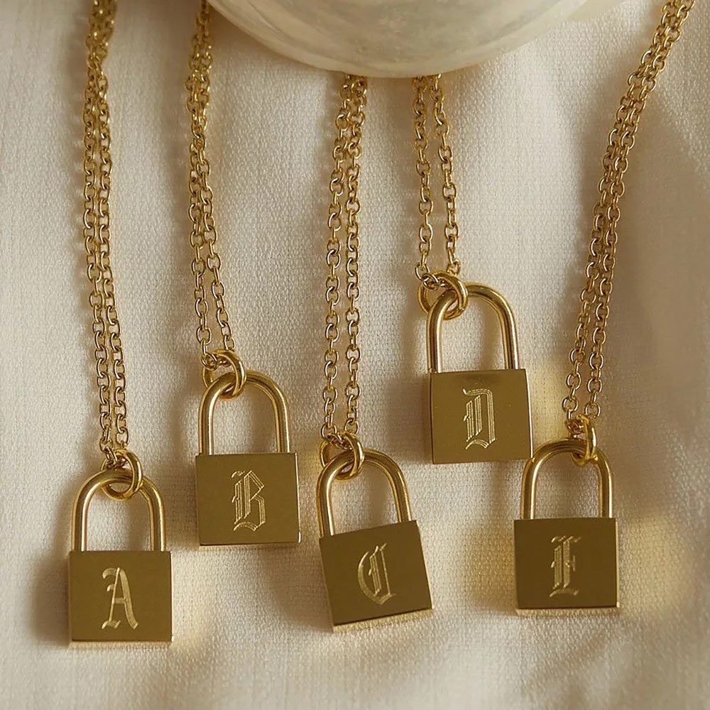 18K Gold Retro Initial Lock Necklace